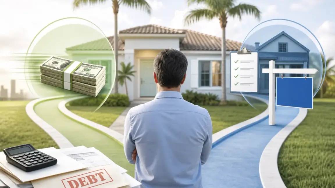 Florida homeowner comparing a direct cash sale with a traditional home listing to pay debt