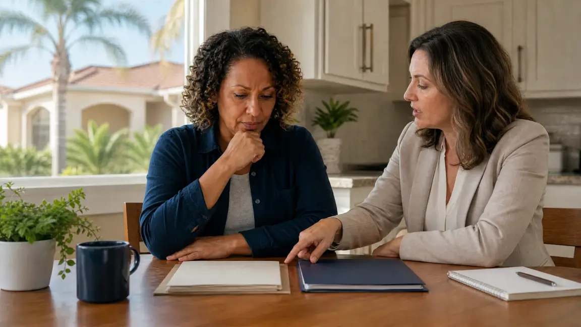 Florida homeowner comparing short sale and foreclosure information with a housing counselor