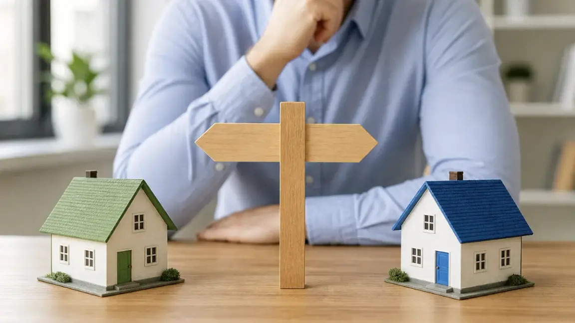 Two model homes separated by a signpost representing different home-buying companies