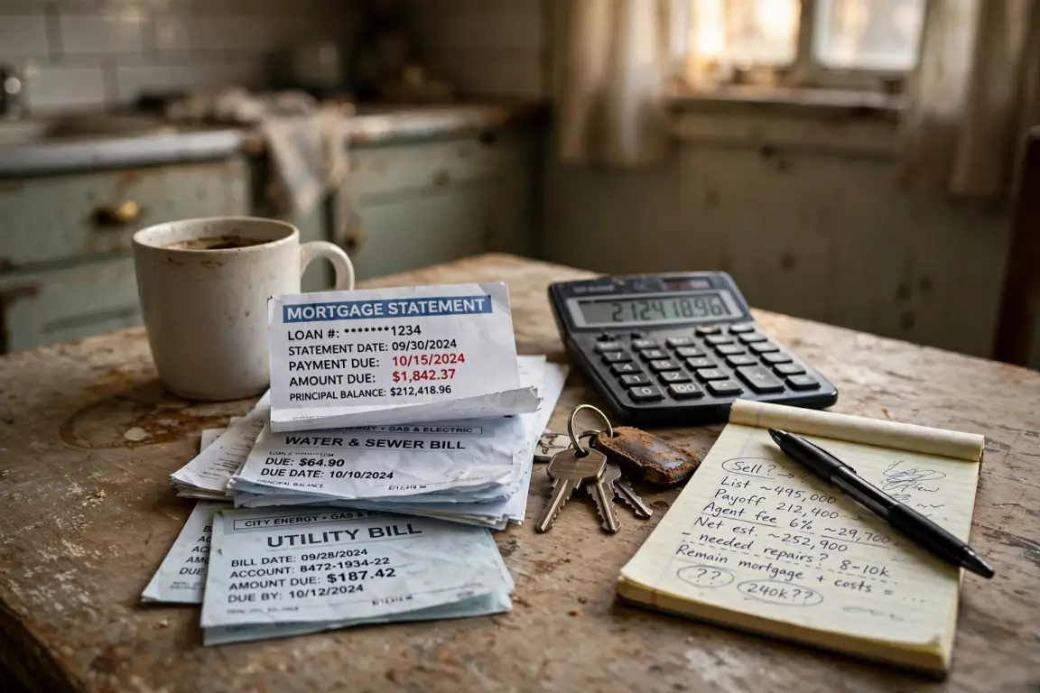 Mortgage statement and bills on a kitchen table