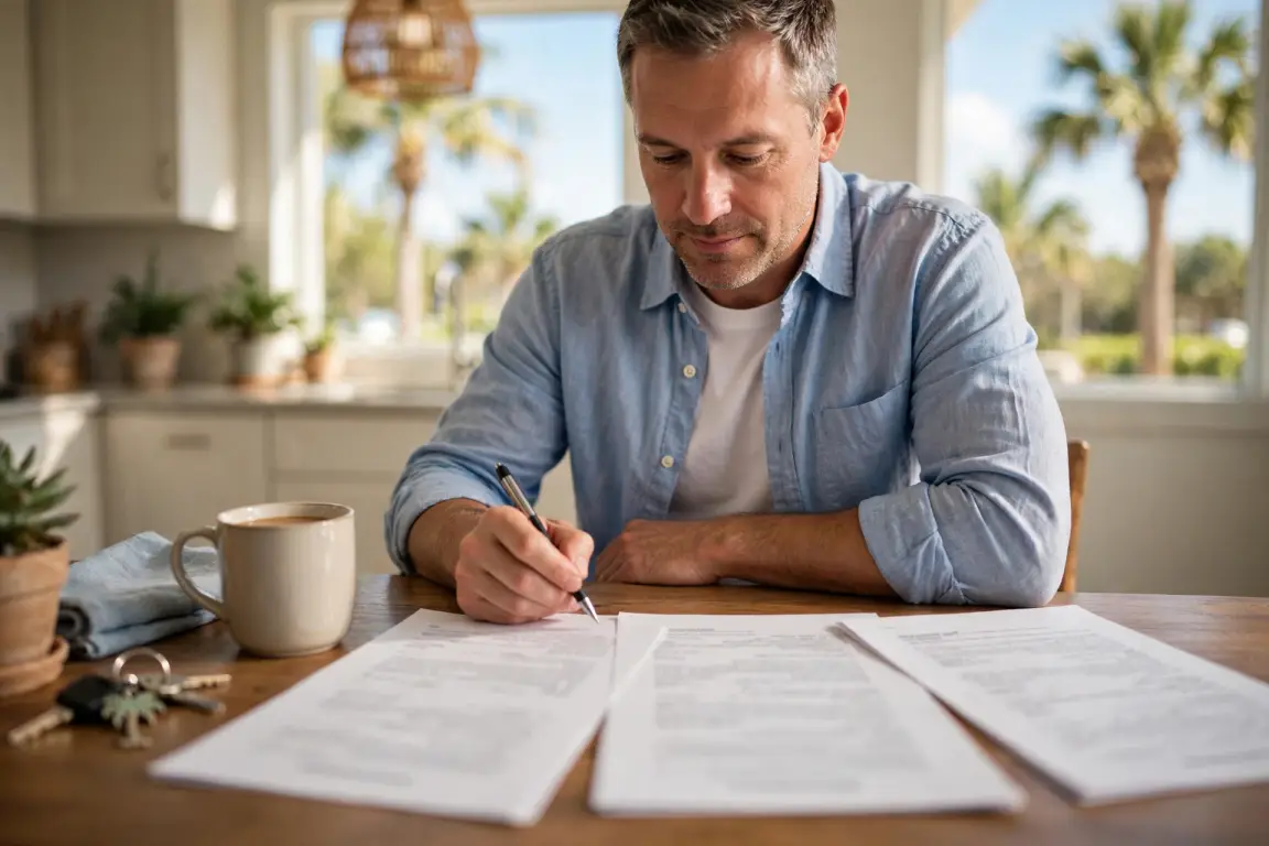 A Florida homeowner comparing cash offers for their house at a kitchen table