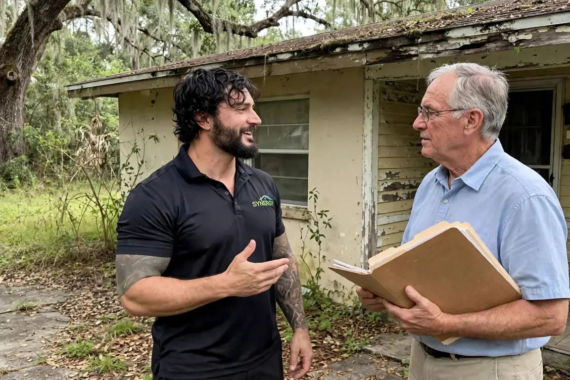 Jesse Wyatt of Synergy Redevelopers, LLC talking with a homeowner in front of a worn Jacksonville house with peeling paint and a moss-covered roof