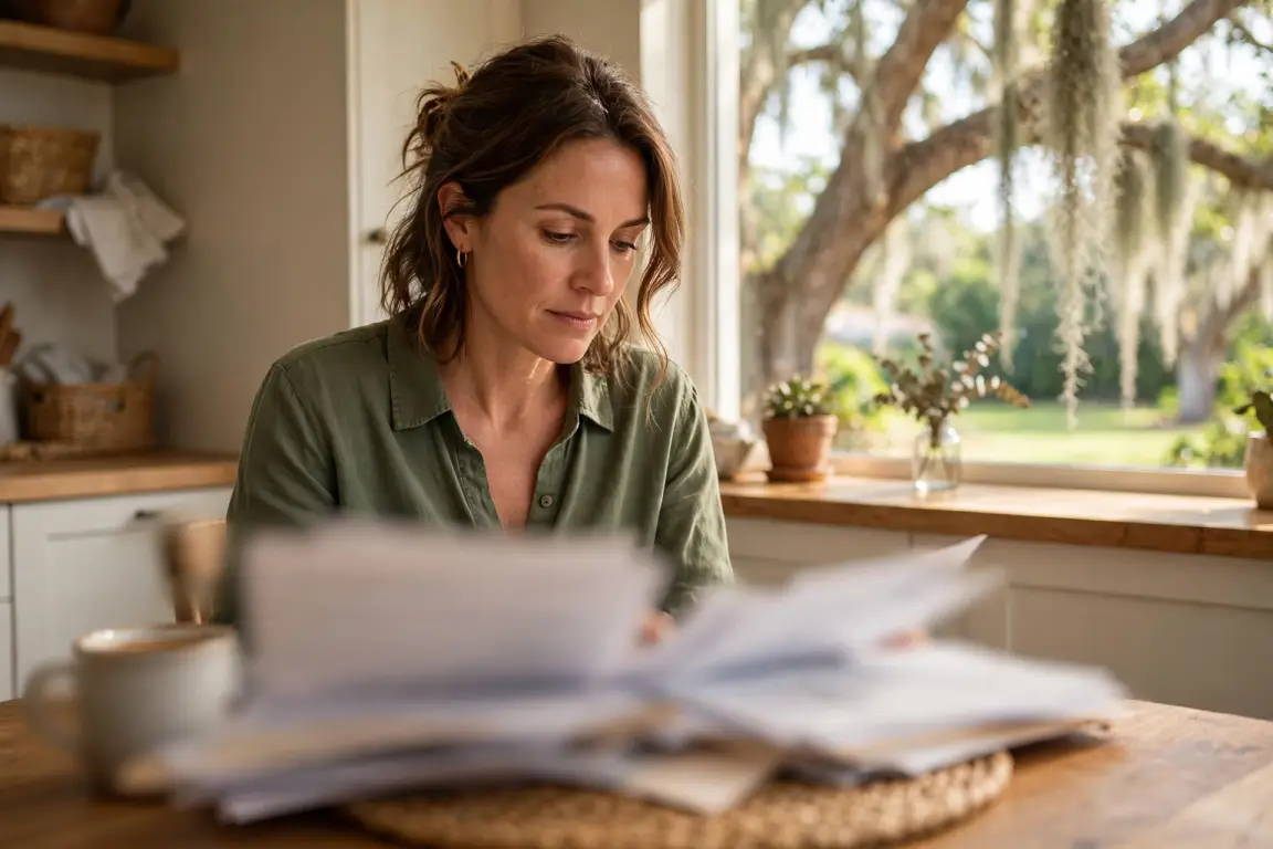 A Jacksonville homeowner reviewing a cash offer from a local home buyer at a kitchen table