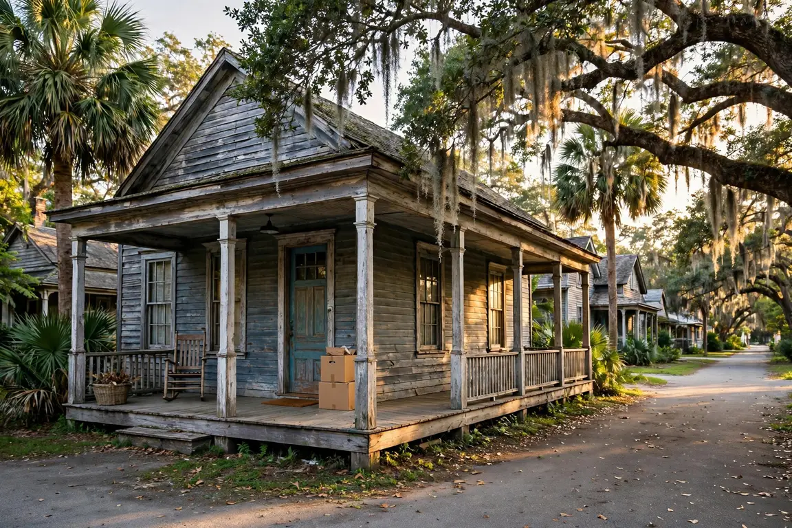 An older wood-frame house on a quiet St. Augustine street with palm trees and a live oak, late afternoon light