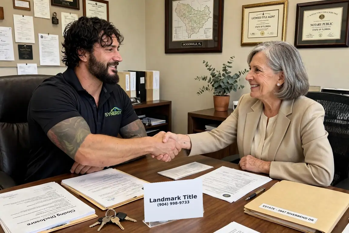 Jesse Wyatt shaking hands with a personal representative across closing paperwork at a Jacksonville title company