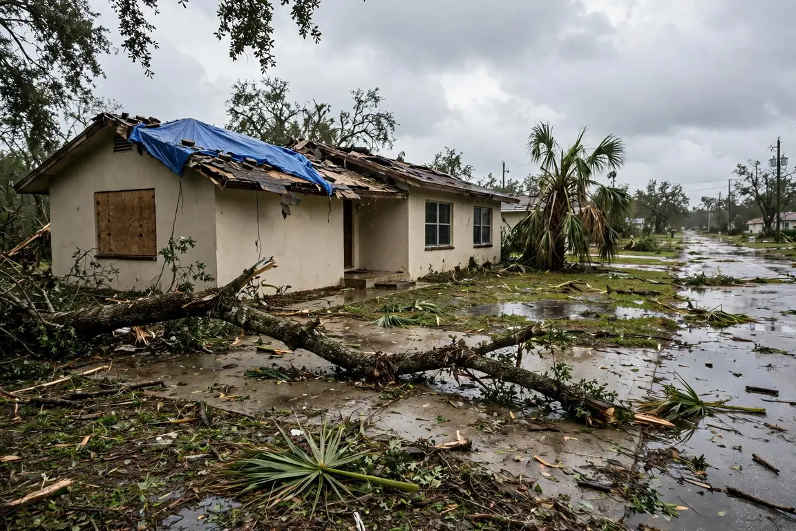 A Jacksonville ranch house after a hurricane, with a blue tarp on the damaged roof and a fallen limb across the driveway