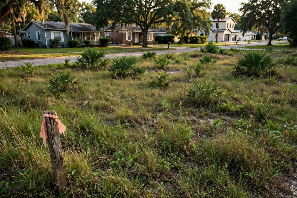 A vacant, slightly overgrown lot on a Jacksonville residential street, with a survey stake near the corner