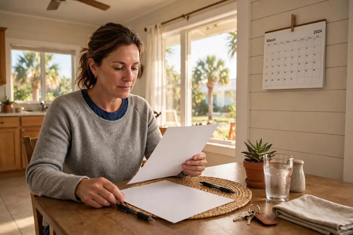 A Jacksonville homeowner reviewing a written cash offer at her kitchen table with a closing calendar on the wall