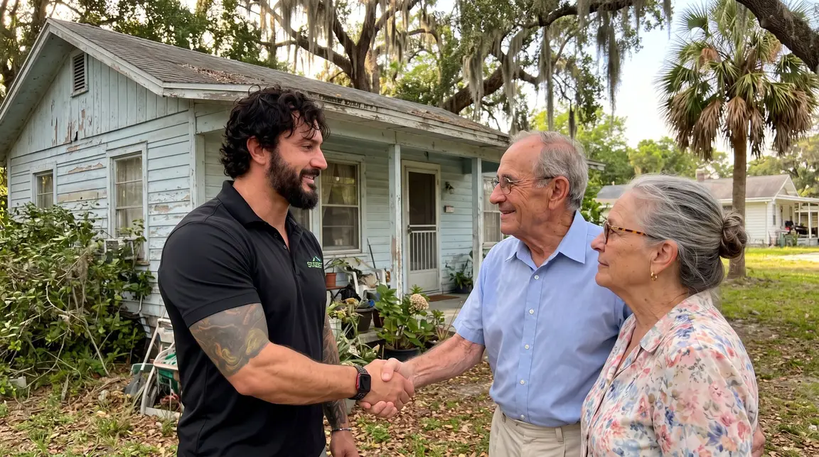 Jesse from Synergy Buys Houses shaking hands with a seller couple outside a distressed inherited Florida home with weathered siding, an aging roof, and an overgrown yard.