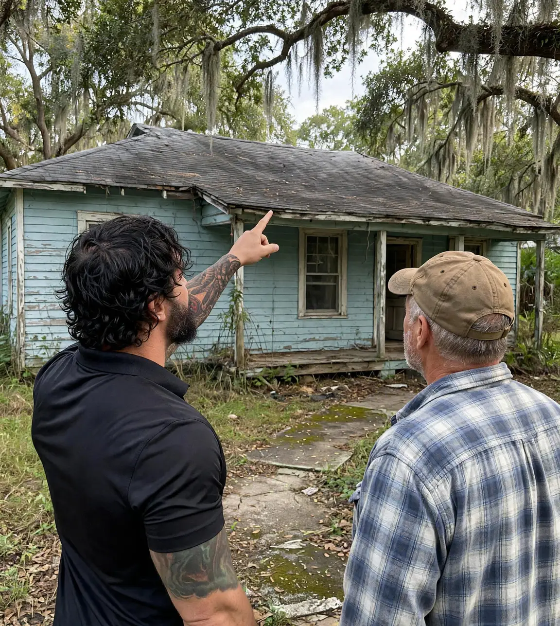 A weathered single-story Jacksonville home with an overgrown yard, a homeowner talking with a buyer on the front walk