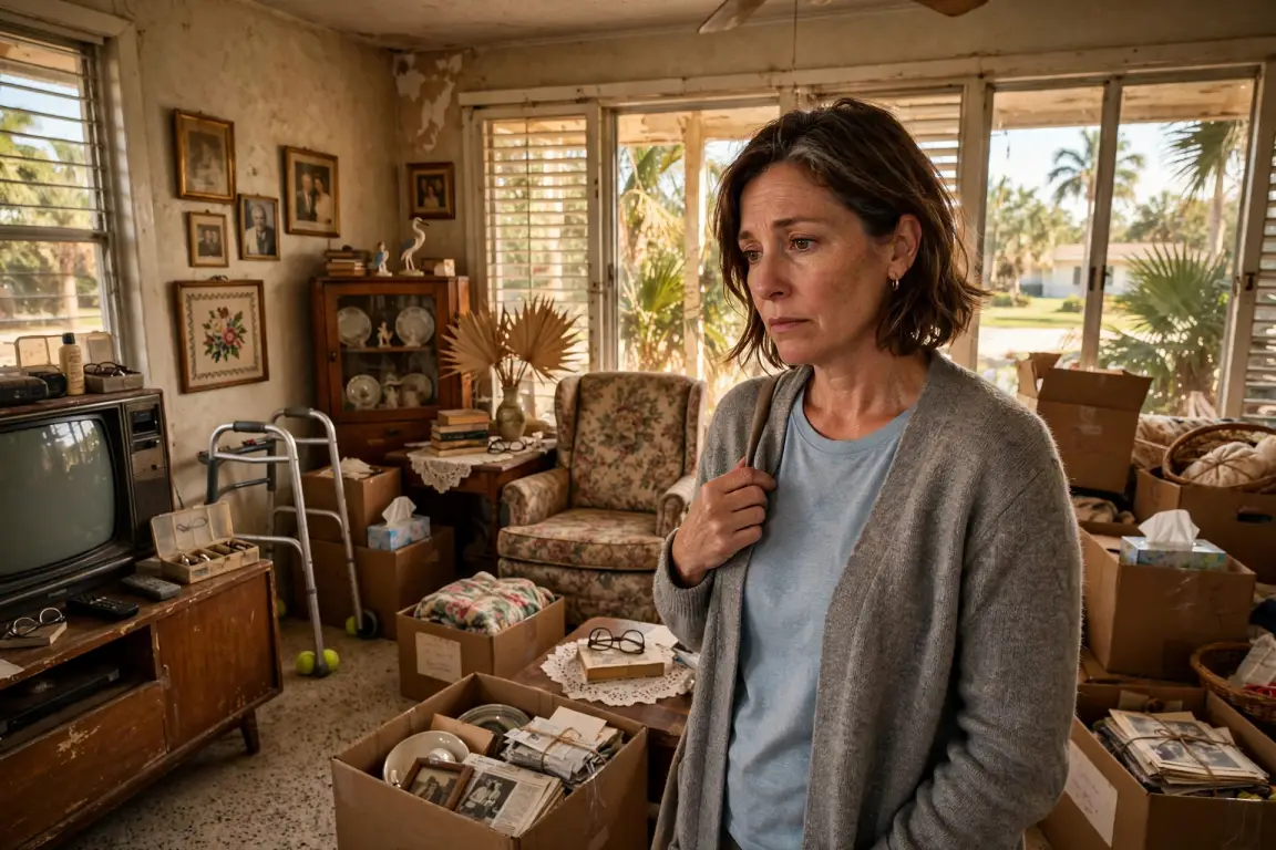 Overwhelmed heir standing in a cluttered inherited St. Johns County home full of boxes and belongings