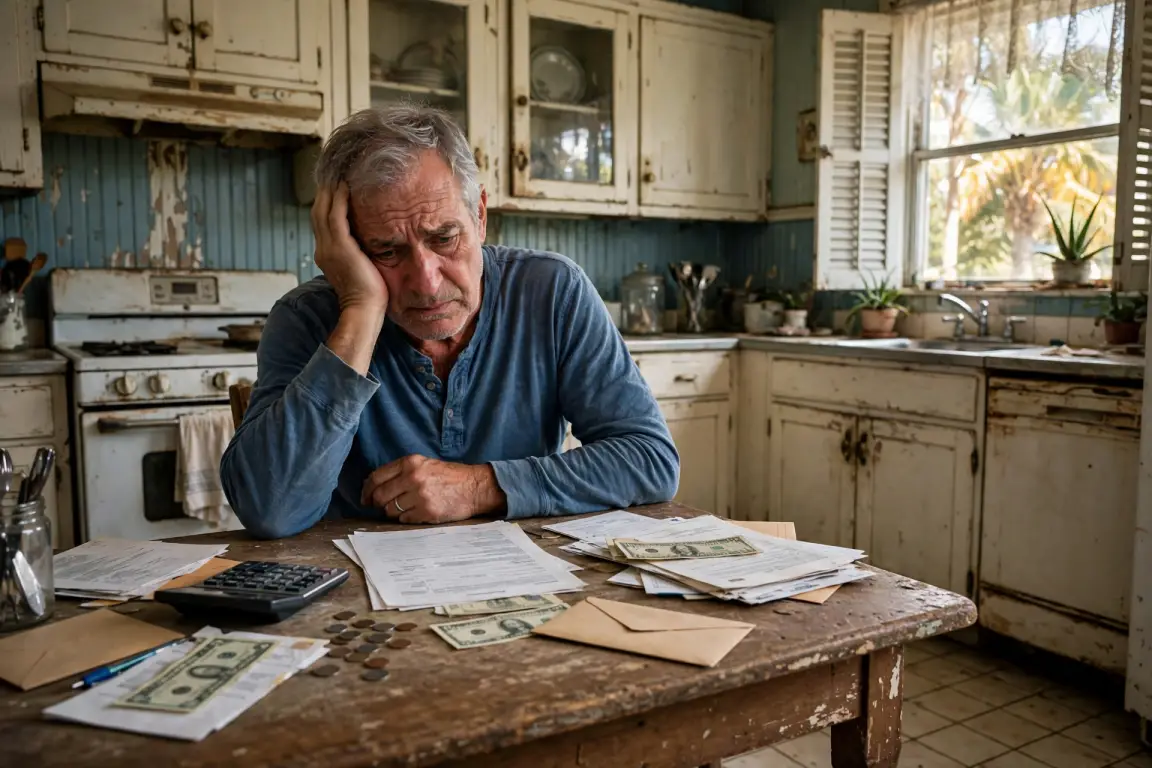 Stressed homeowner reviewing bills and a calculator at a worn kitchen table while calculating a cash offer