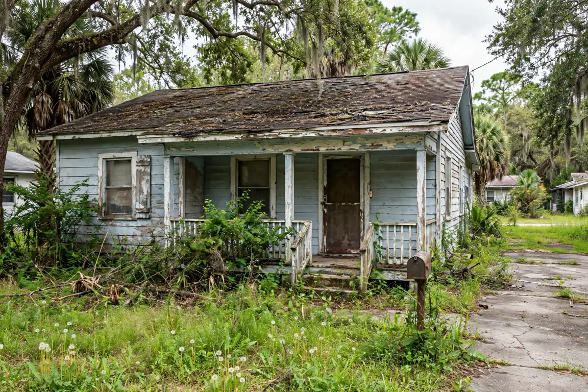 Distressed Jacksonville bungalow with peeling paint and overgrown yard, sold as-is