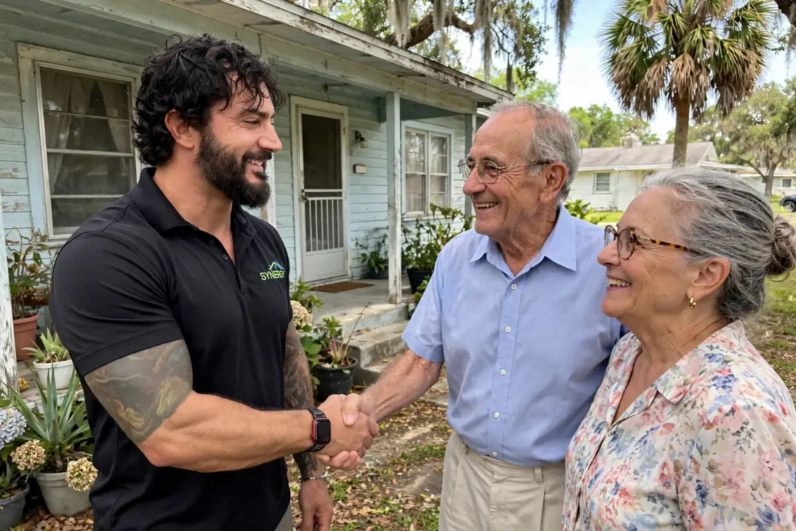 Jesse Wyatt shaking hands with happy sellers in front of their Florida home after a cash closing