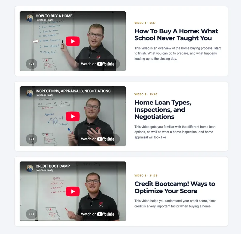 Preview of the three homebuying video lessons included in the Buyer Starter Kit