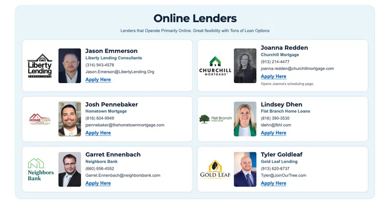 Preview of the lender contact cards with phone numbers and application links