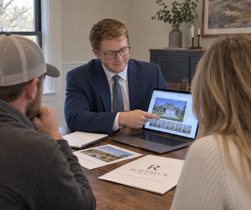 Cole Rorebeck reviewing a home with clients during an in-person consultation