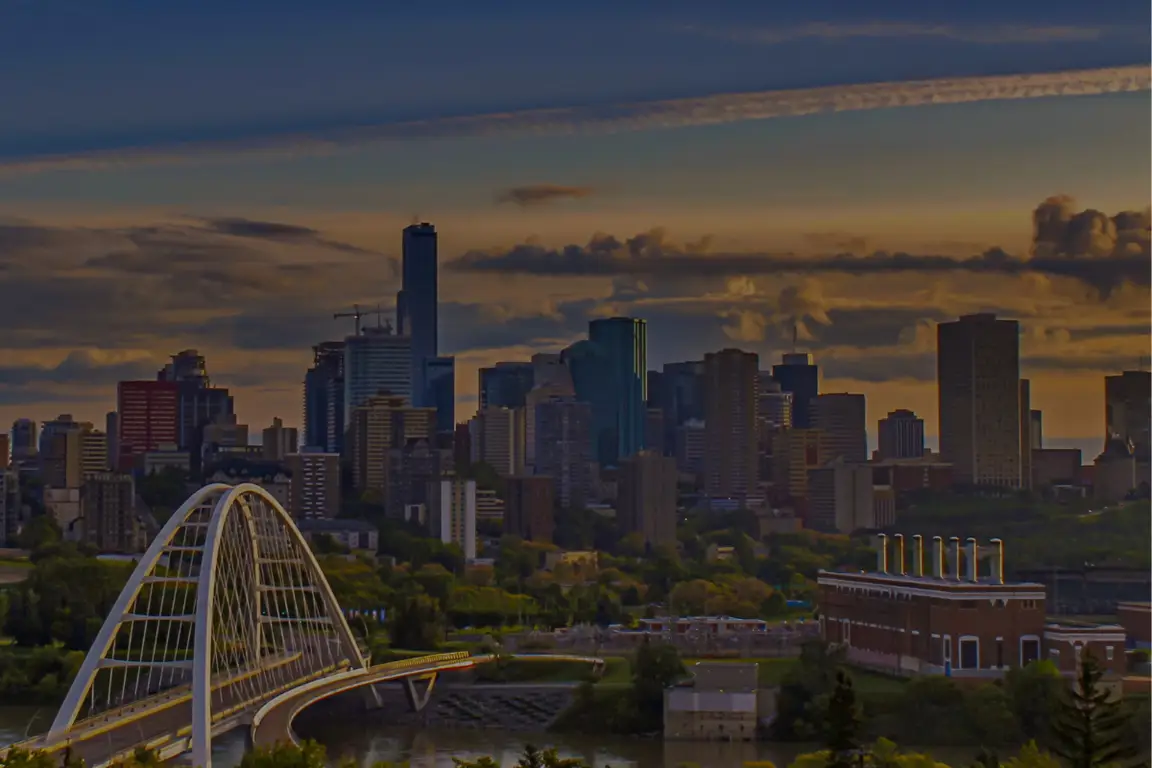 Downtown Edmonton skyline featuring the Walterdale Bridge and city buildings in Alberta