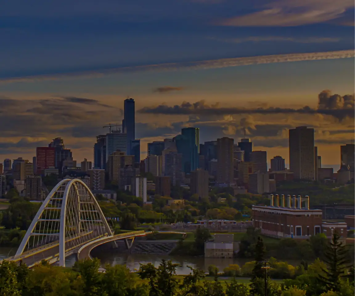 Downtown Edmonton skyline featuring the Walterdale Bridge and city buildings in Alberta