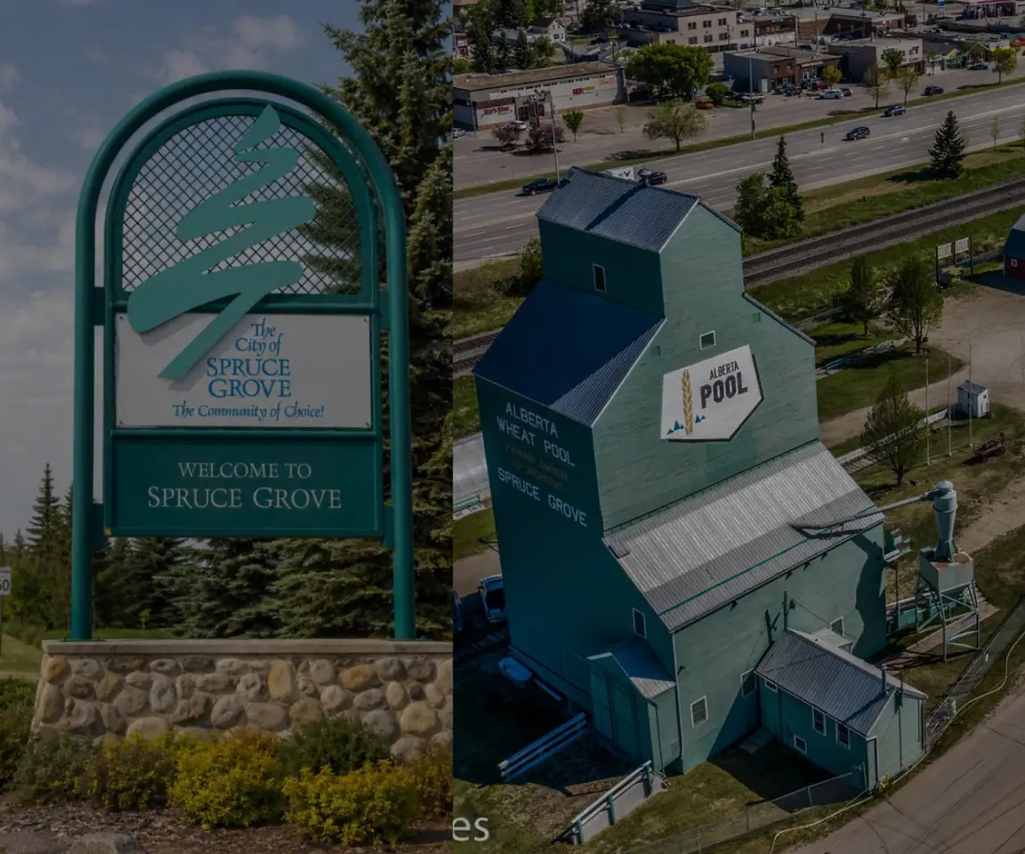 Spruce Grove, Alberta landmarks featuring the Welcome to Spruce Grove sign and historic Alberta Wheat Pool grain elevator.