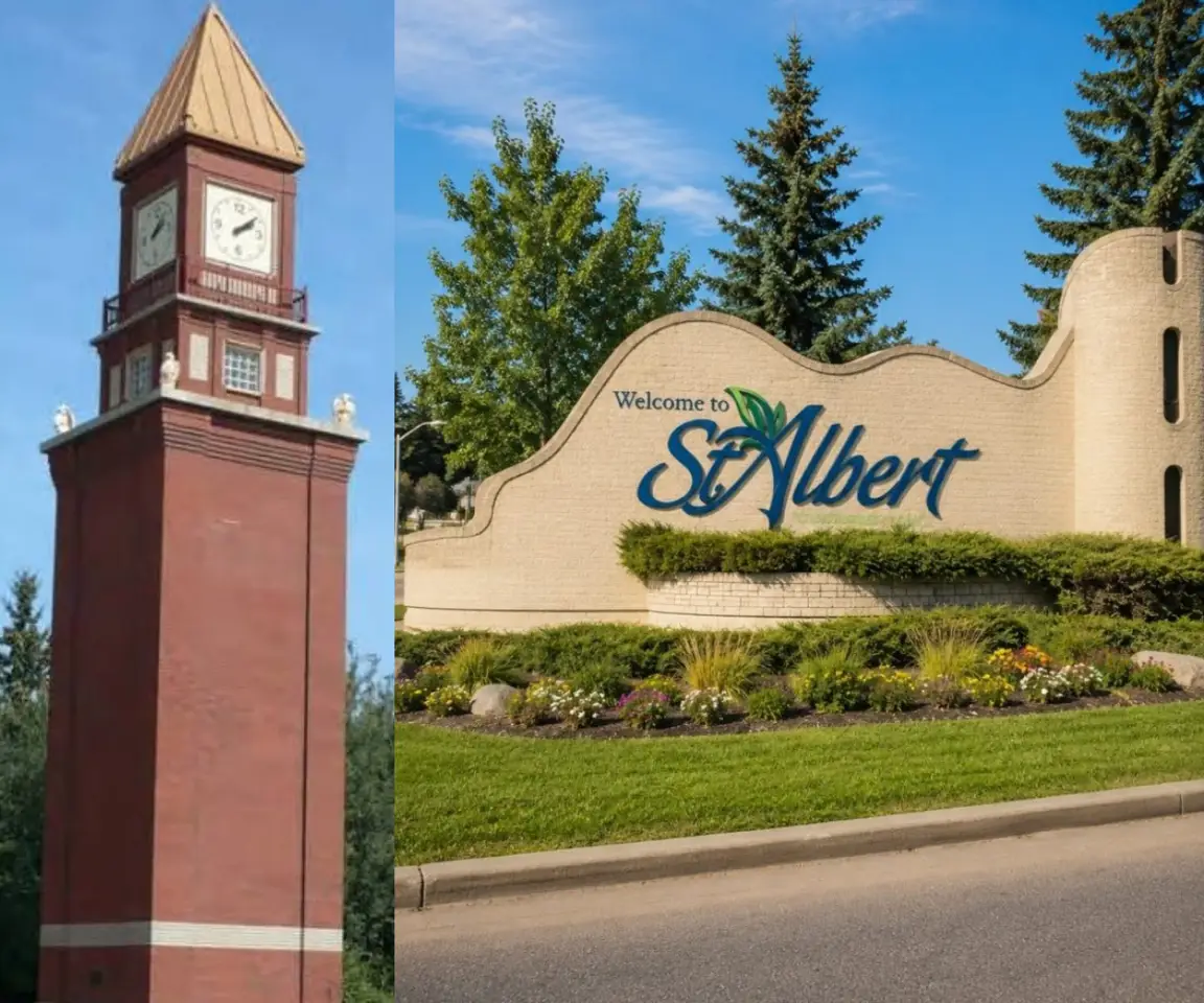 St. Albert, Alberta landmarks featuring the historic clock tower and Welcome to St. Albert sign