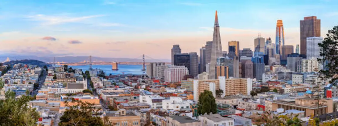 San Francisco city skyline panorama at sunset with downtown skyline and