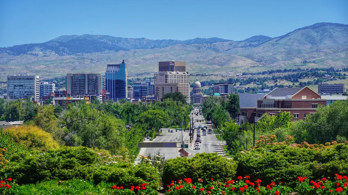 Downtown Boise, Idaho skyline with the state capitol and the Boise foothills