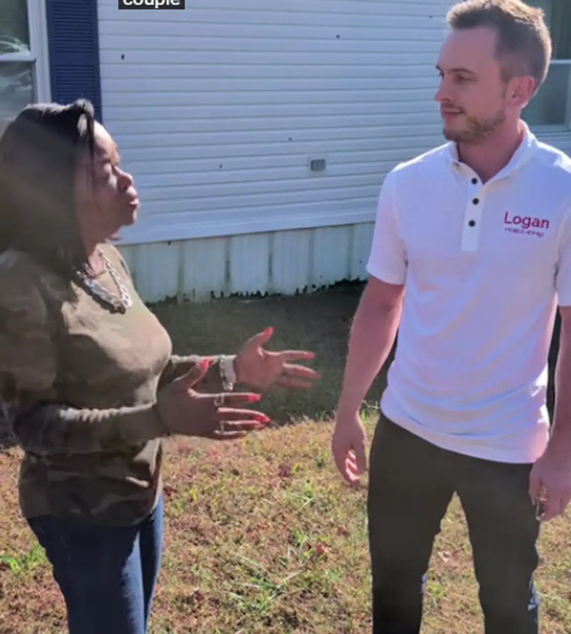 mobile home seller talking to mobile home buyer