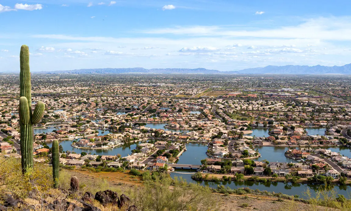 Aerial view of Glendale AZ west valley with saguaro cactus and lakes - mobile home communities in Glendale AZ - Penrod Mobile Homes