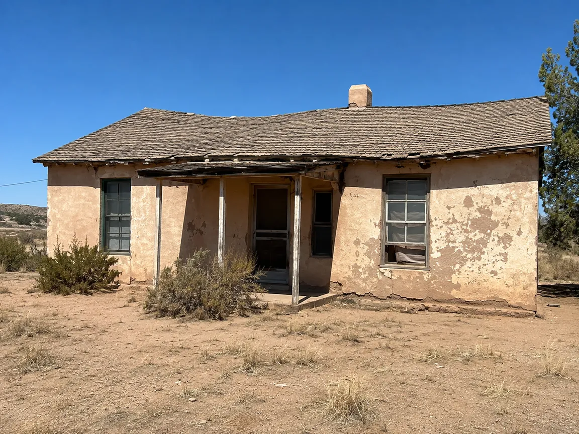 Weathered adobe house in rural New Mexico that needs major repairs, the kind Sell My House NM buys as-is for cash