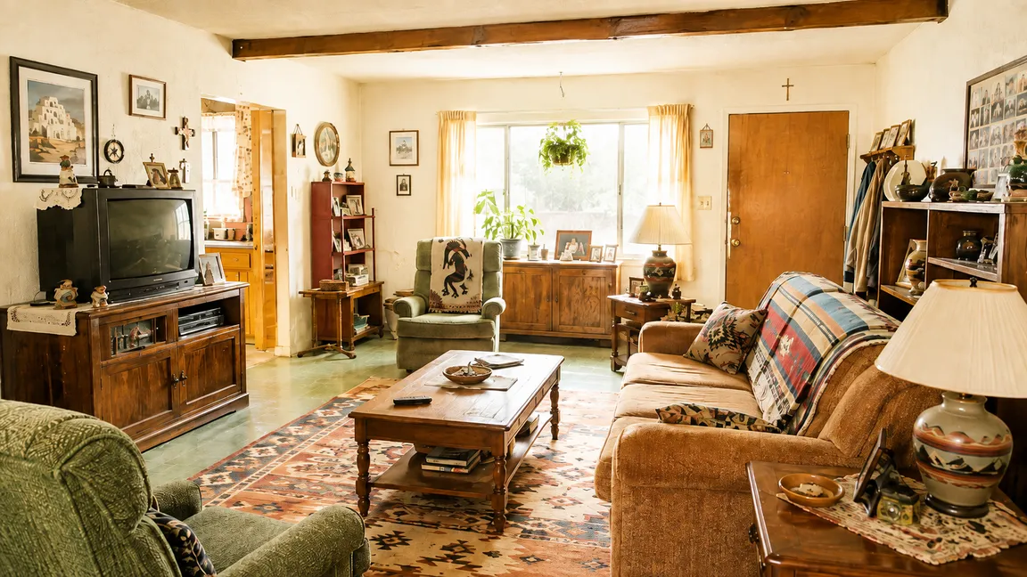 Furnished living room of an older New Mexico home with belongings still in place, the kind of inherited house Sell My House NM buys as-is.