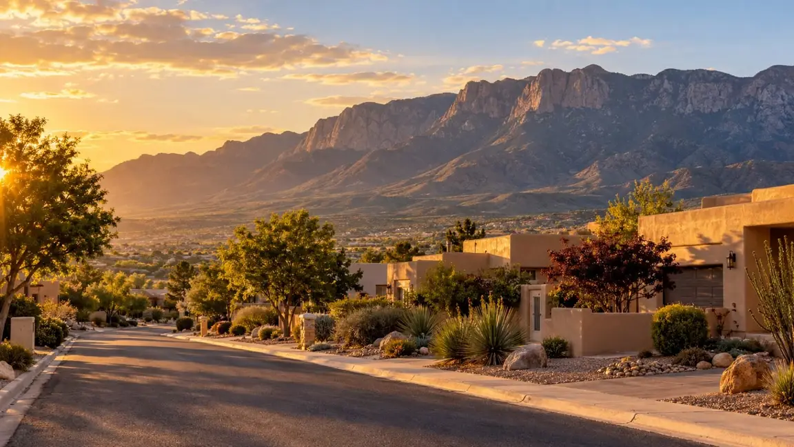 Alamogordo neighborhood street at golden hour with the Sacramento Mountains in the background