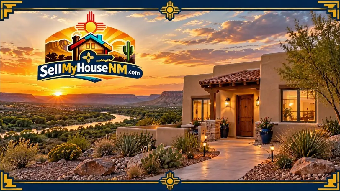 Sell My House NM graphic of a stucco home in Carlsbad, New Mexico, overlooking the Pecos River valley at sunset