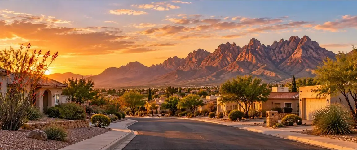 Las Cruces neighborhood street at golden hour with the Organ Mountains in the background