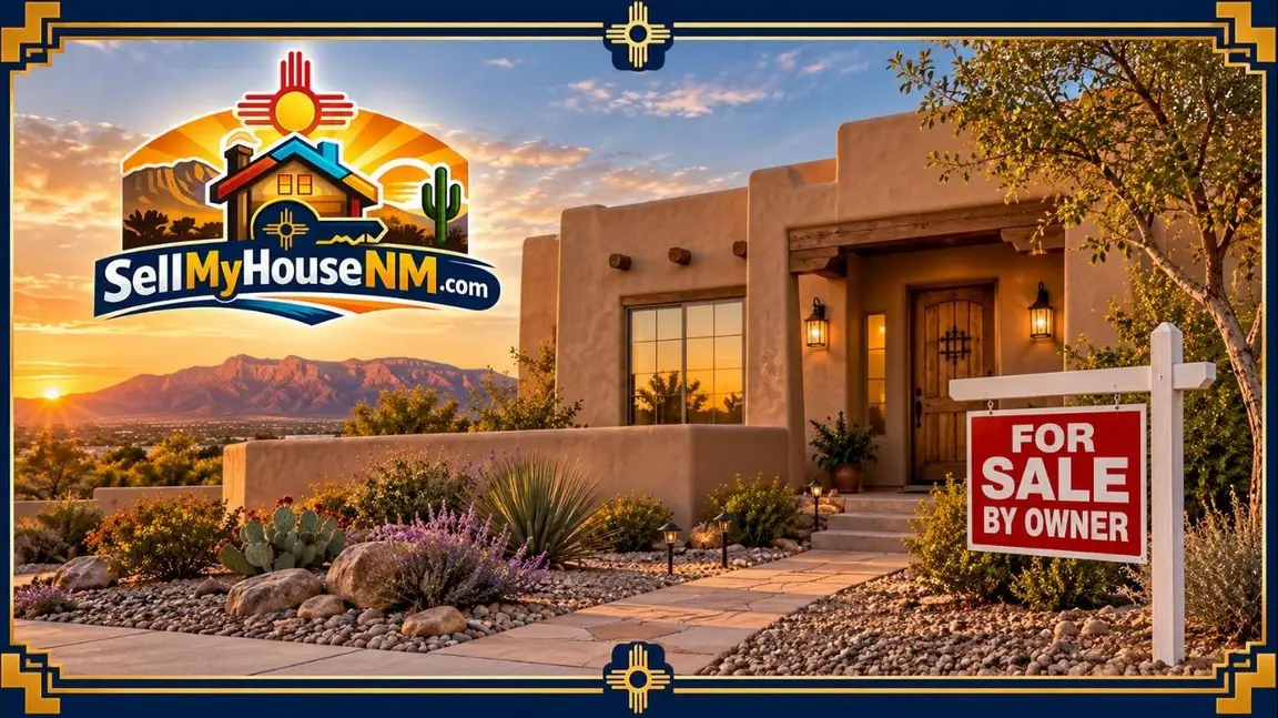 Sell My House NM graphic of a New Mexico stucco home with a For Sale By Owner sign in the yard at golden hour