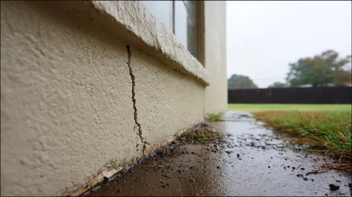 This image displays a vertical crack in a home's exterior siding material.