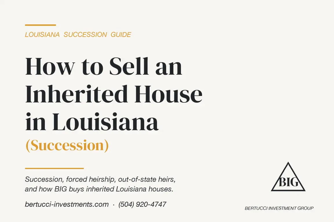 Cream and gold branded cover reading How to Sell an Inherited House in Louisiana (Succession) with Bertucci Investment Group logo