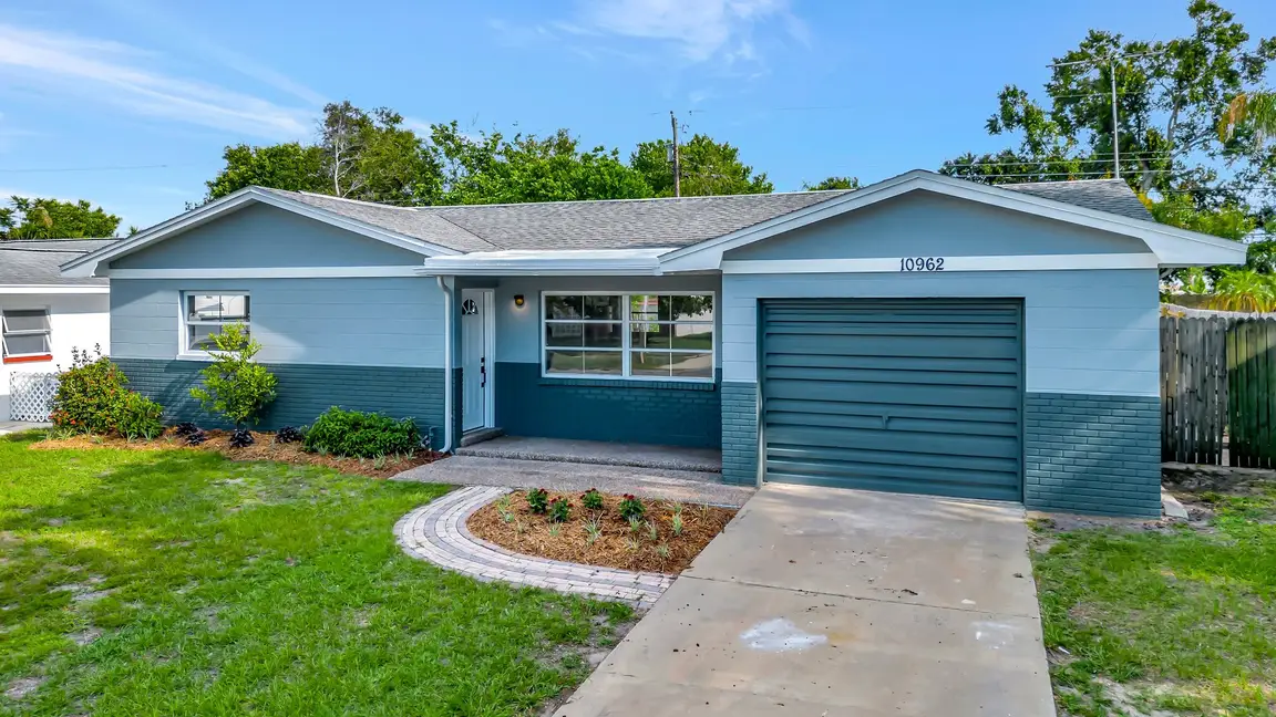 single story blue house