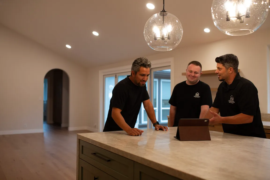 Brian and Wyatt from Sonoma Home Buyers meeting with a client at a kitchen island, reviewing options on a tablet in a Sonoma County home.