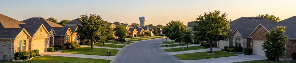 A quiet residential neighborhood street in Converse Texas featuring neat ranch-style suburban homes and a local water tower in the distance at sunset, representing top cash home buyers in the area.