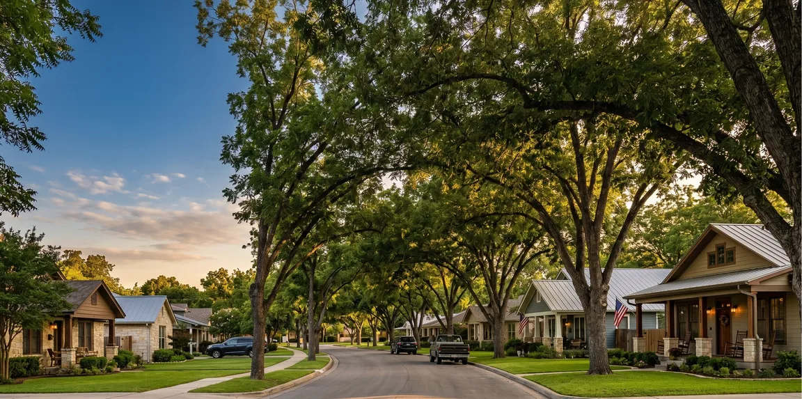 Beautiful tree-lined residential street in Seguin Texas with single-story homes and welcoming front porches at golden hour, optimized for Seguin cash home buyer services.