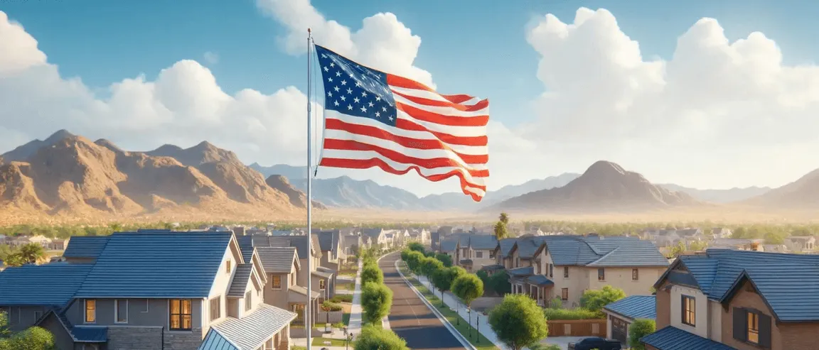 Suburban neighborhood in Phoenix, AZ with an American flag, showcasing modern homes, tree-lined streets, and a clear blue sky.