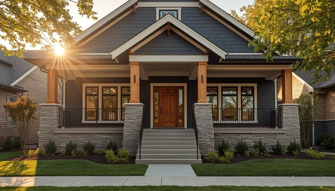 Modern craftsman-style house with stone steps and wooden accents.
