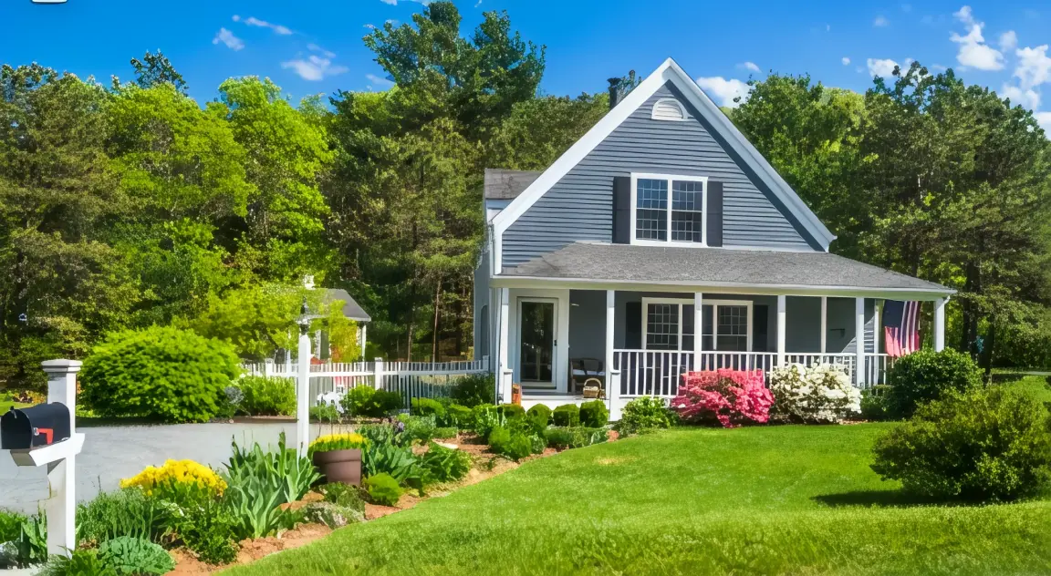 Charming blue two-story home with lush garden and porch in Plymouth.