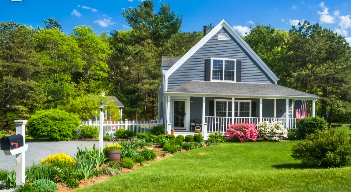 Charming blue two-story home with lush garden and porch in Plymouth.