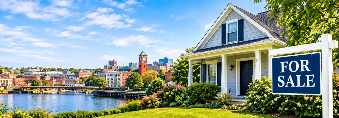 Charming house for sale by the waterfront with a city skyline in the background.