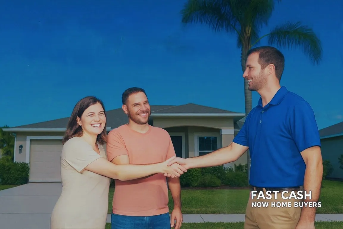 Palm Bay homeowners shaking hands with local cash home buyer after selling their house fast for cash — Fast Cash Now Home Buyers.