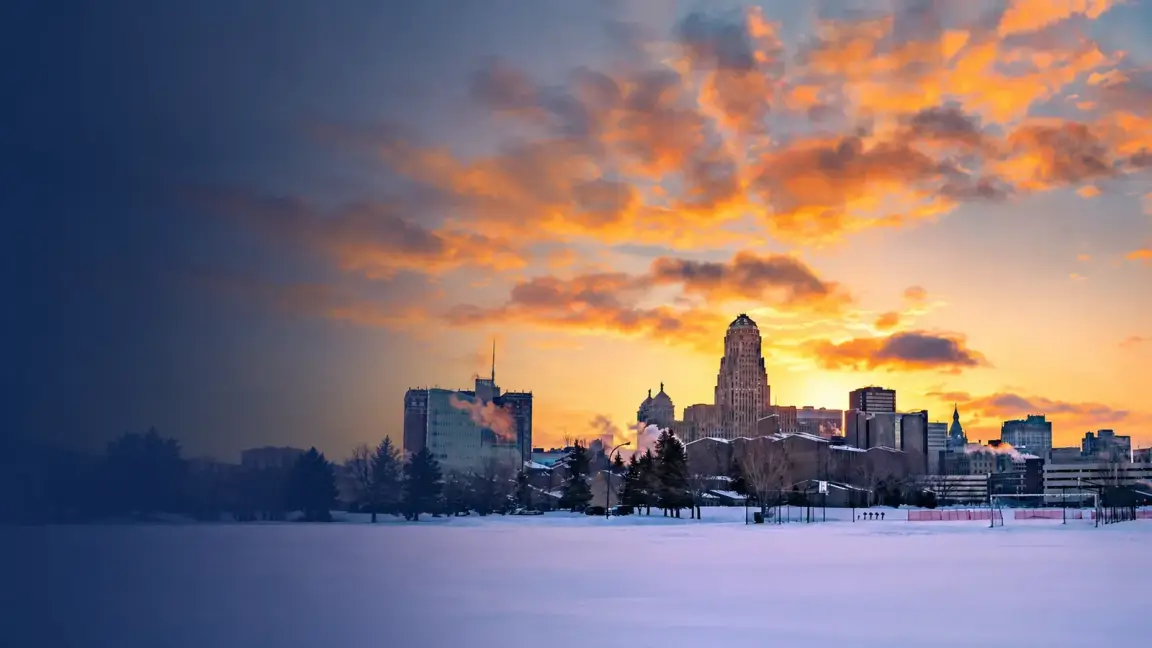 Buffalo skyline at sunset for Queen City Buyers homepage