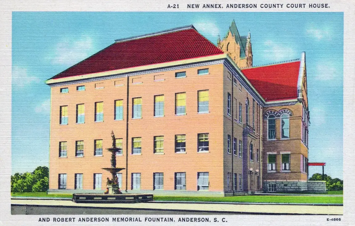 Historic Anderson County Courthouse annex in Anderson, South Carolina, shown in a public-domain postcard image.
