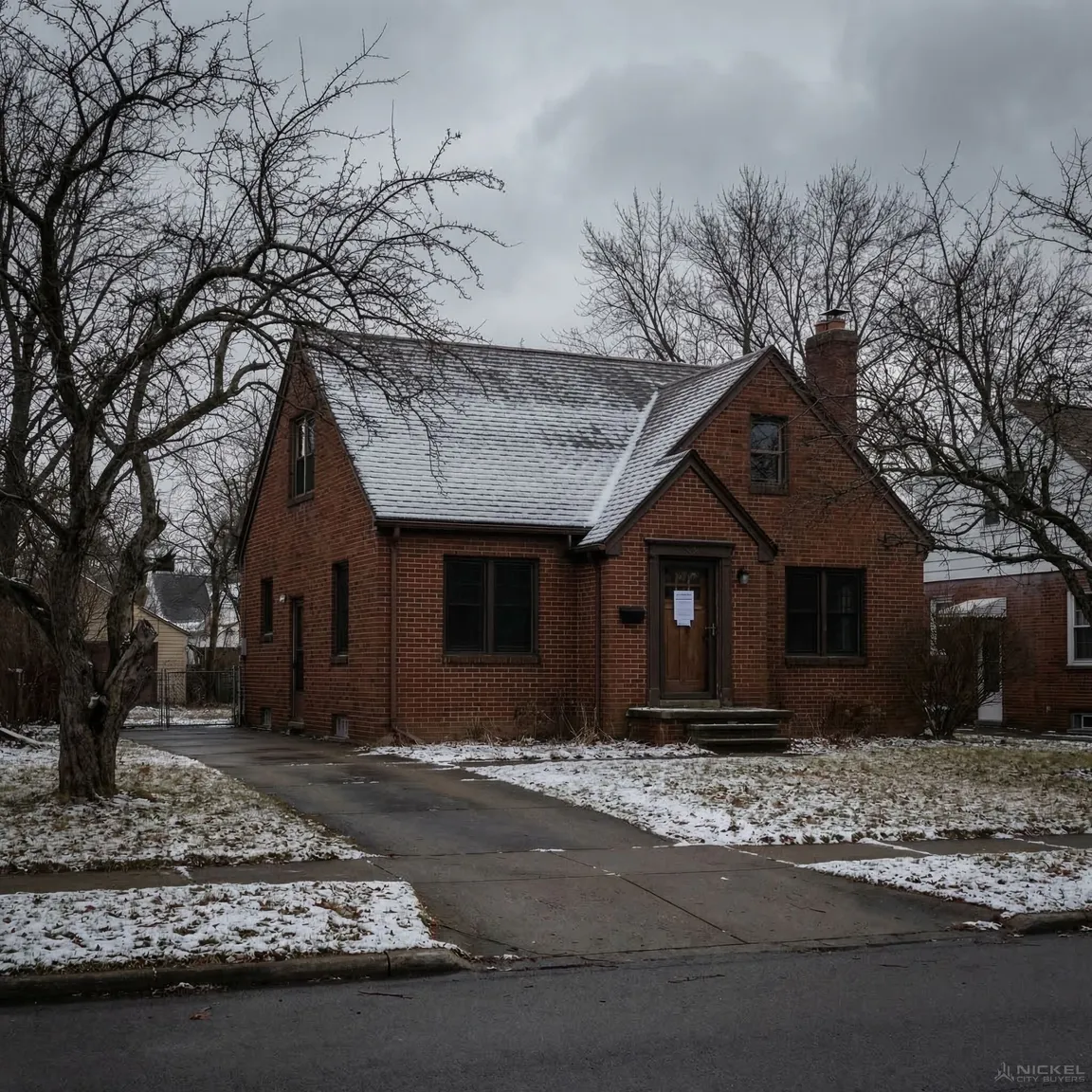 Modest red brick home in Buffalo NY with foreclosure notice on front door during winter